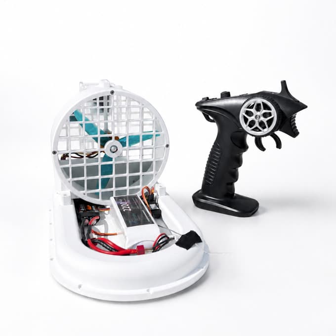 Assembled Hovercore hovercraft with 3S LiPo battery, electronics and RC transmitter