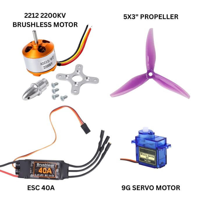 Hovercore electronics: 2212 2200KV brushless motor, 40A ESC, 5 inch propeller and SG90 servo